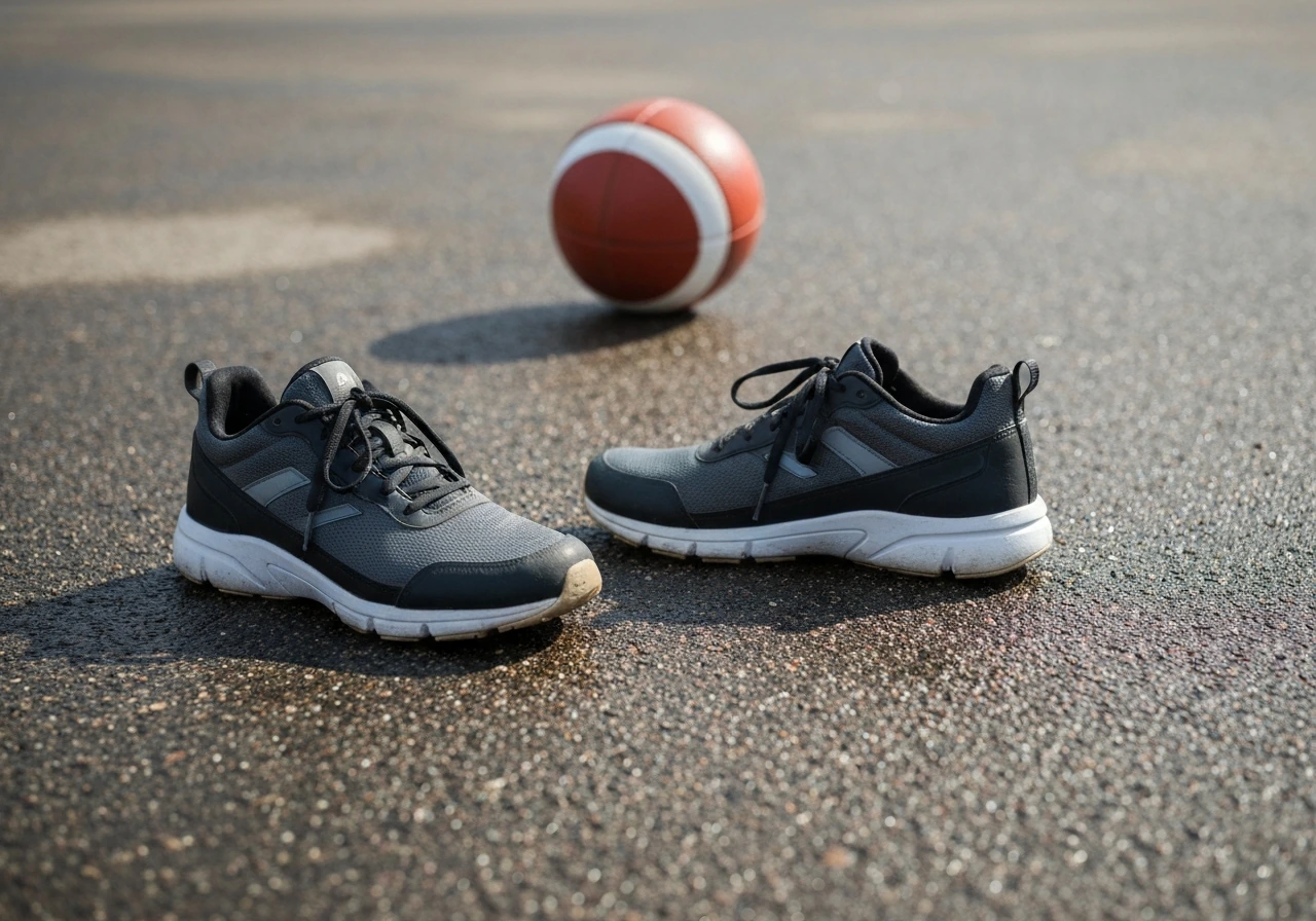 Chaussures de sport glissant sur une surface humide, ballon juste à côté, ambiance instable.