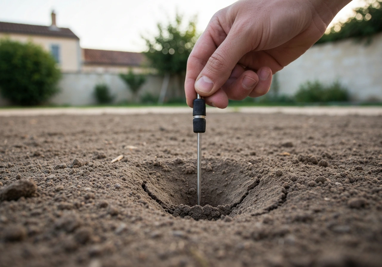 Main enfonçant la pointe d’un tournevis dans un sol enherbé pour tester la compacité, au ras du sol.