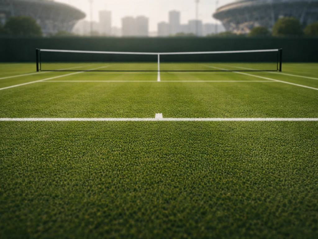 Plan large d’un court de tennis en herbe très dense, tondu ras, ambiance US Open, lignes nettes