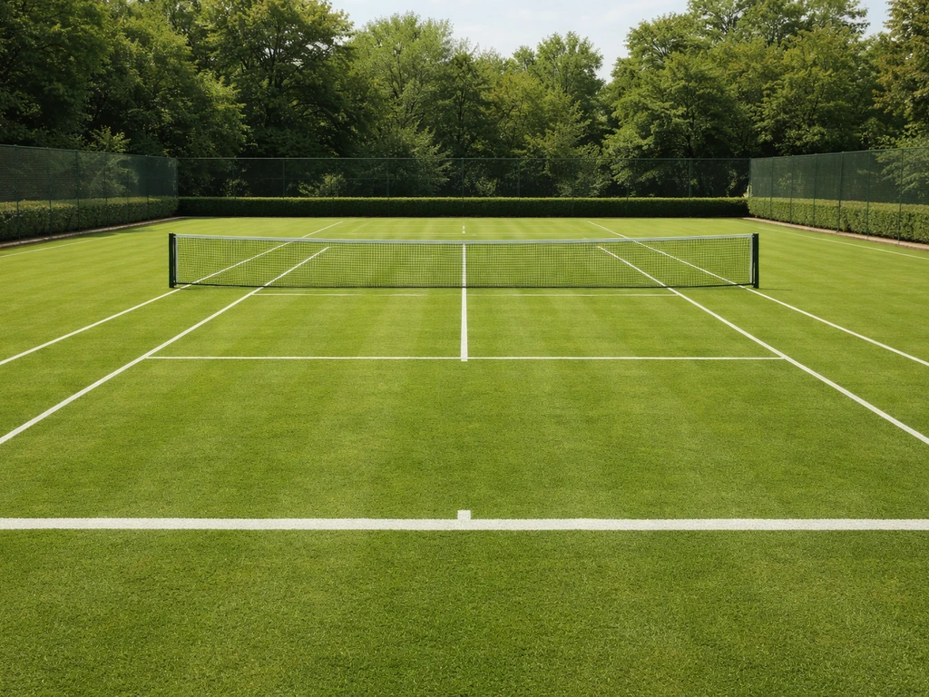 Court de tennis en gazon naturel à l’herbe dense, lignes blanches nettes, ambiance extérieure à Rennes ou Thorigné-Fouil