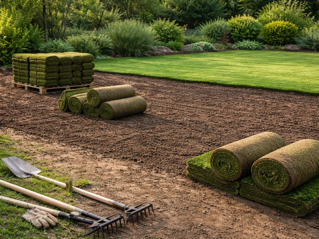 Parcelle de gazon en plaques prêtes à être livrées, avec outils de jardinage au premier plan.