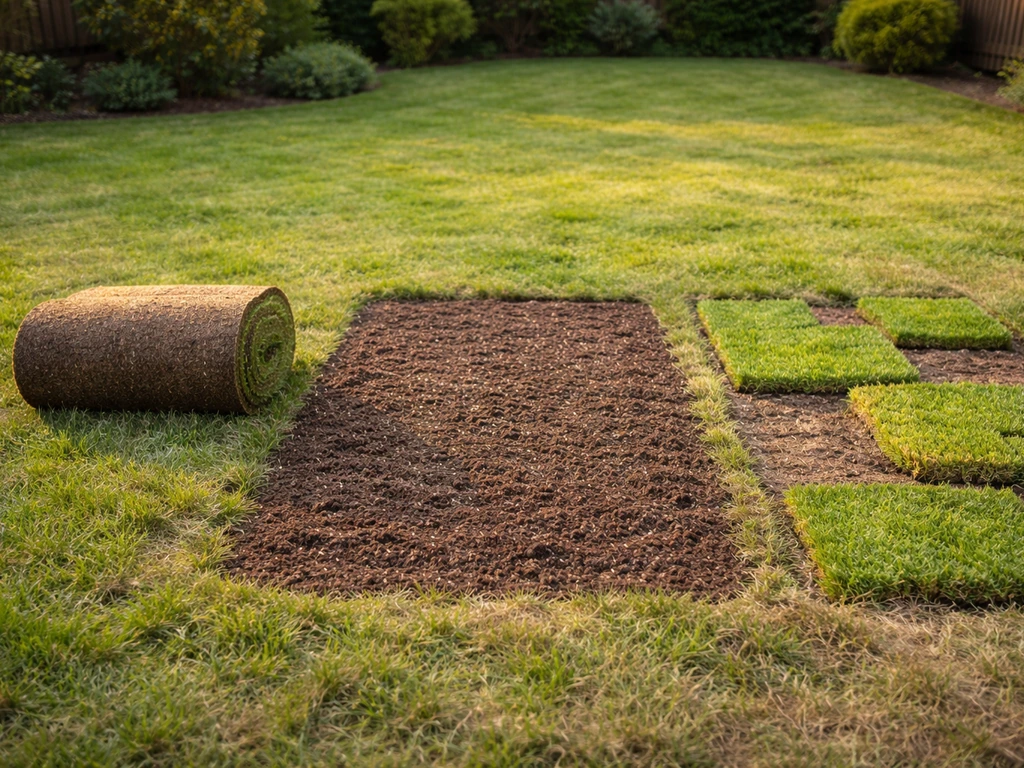 Comparaison visuelle : rouleau de gazon, zone de semis, et regarnissage par petites plaques dans un jardin.