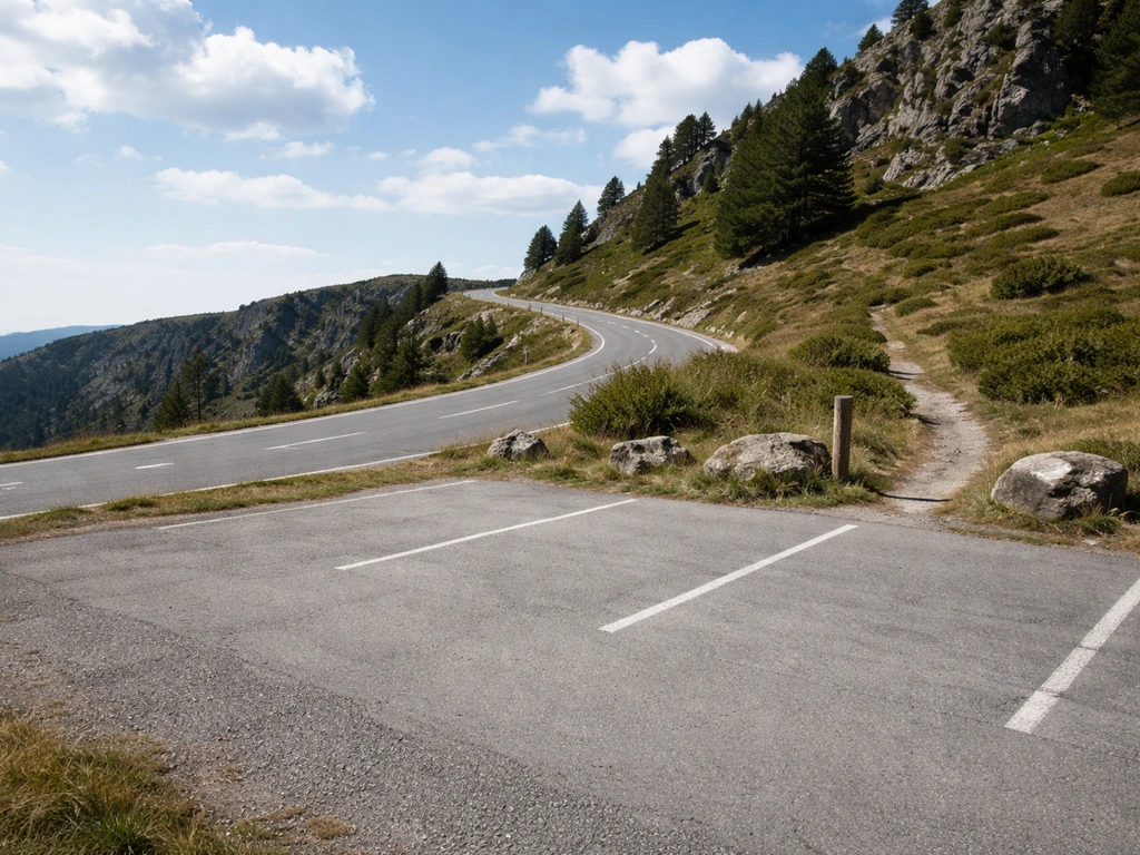 Parking au Col du Calvaire, vue sur la Route des Crêtes (D148) et l’entrée du sentier vers la crête.
