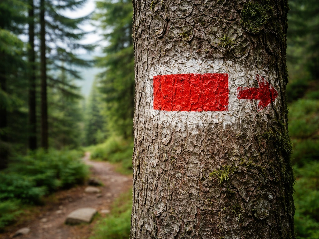 Gros plan sur un balisage rouge du Club Vosgien sur un tronc, avec une direction de sentier sur la crête.