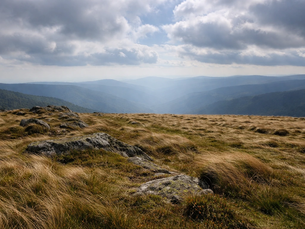 Paysage venté sur la crête du Gazon du Faing, chaumes et herbes rases sous un ciel changeant.