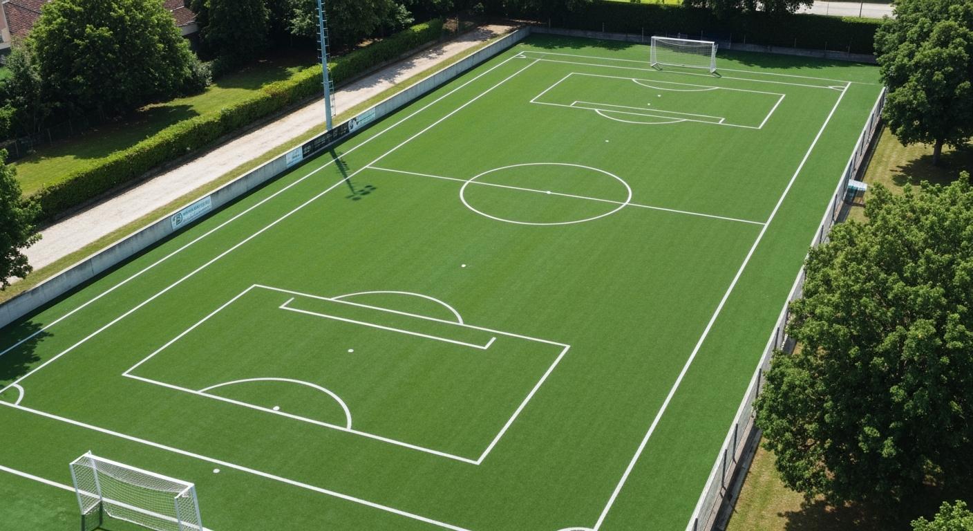 Vue aérienne d'un terrain de football montrant différentes nuances de couleur du gazon : vert sombre, vert clair, taches brunes, zones grises et plaques de mousse.