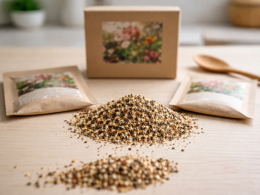 Gros plan de sacs de graines Vilmorin et graines mélangées, avec étiquettes floues, sur une table claire