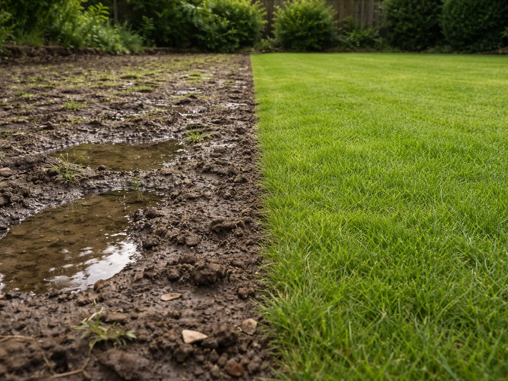 Deux zones de jardin : sol tassé et mal drainé dégradé vs sol bien préparé, herbe plus dense