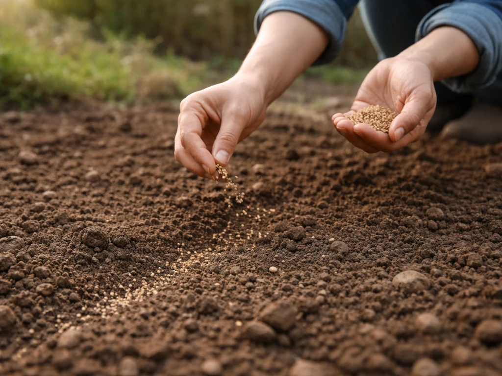Mains éparpillant des graines sur une terre retournée, recouvrement léger visible, vue au niveau du sol.