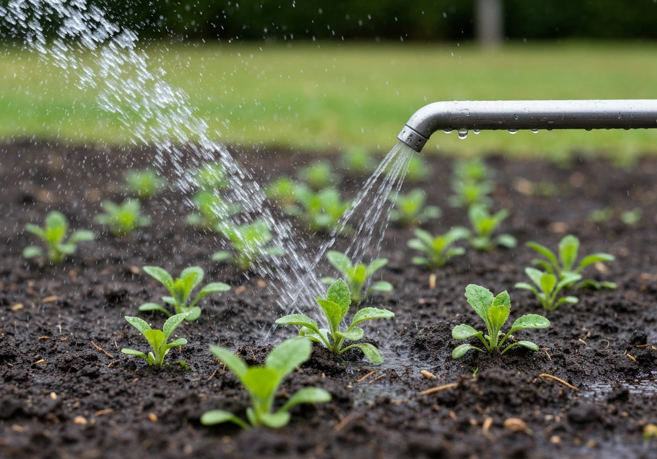 Jeunes pousses de gazon sous pluie fine d’un arroseur, sol visible humide, ambiance jardin calme.