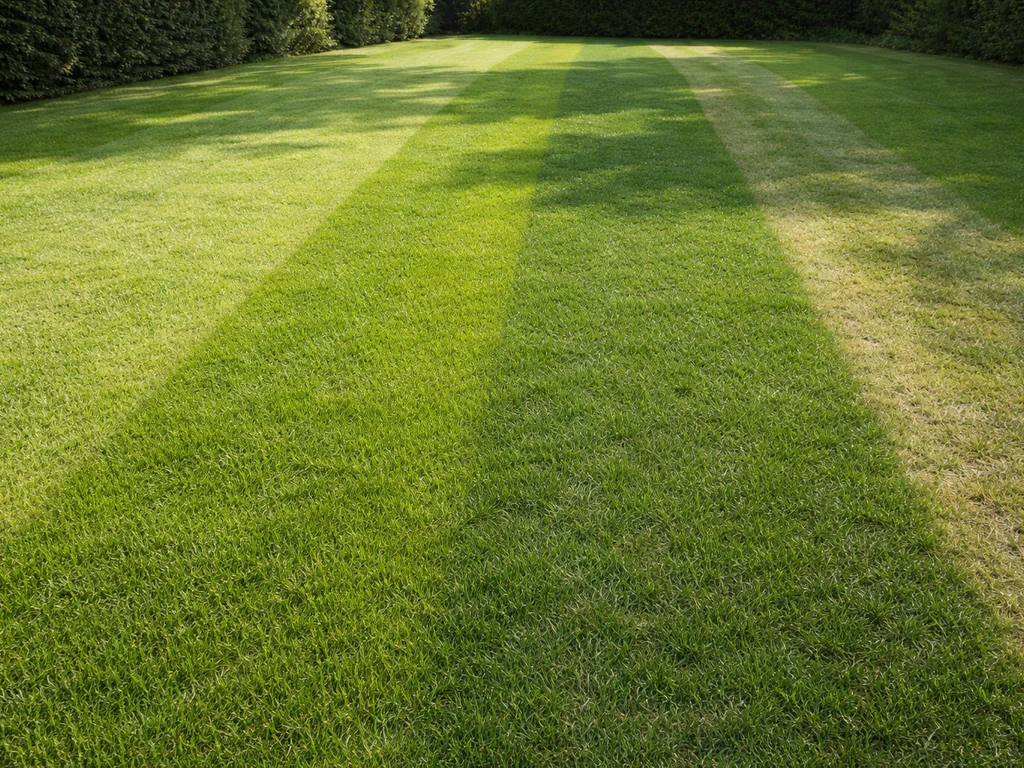 Pelouse française soignée en zones plein soleil, mi-ombre, ombre et passage piétiné.