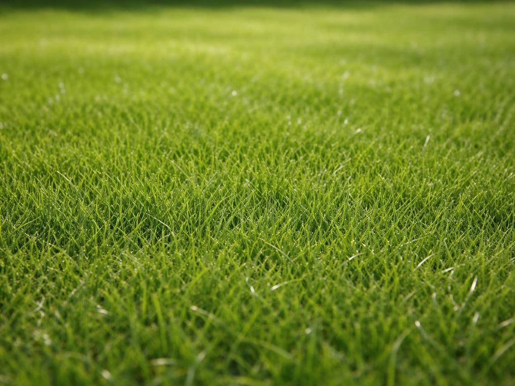 Gros plan d’une pelouse décorative fine et dense, vue de terrasse, peu piétinée