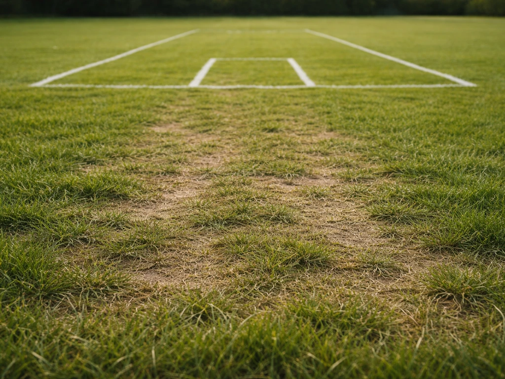 Ruban de marquage au sol sur un terrain de tennis sur gazon, avec traces de jeu visibles.