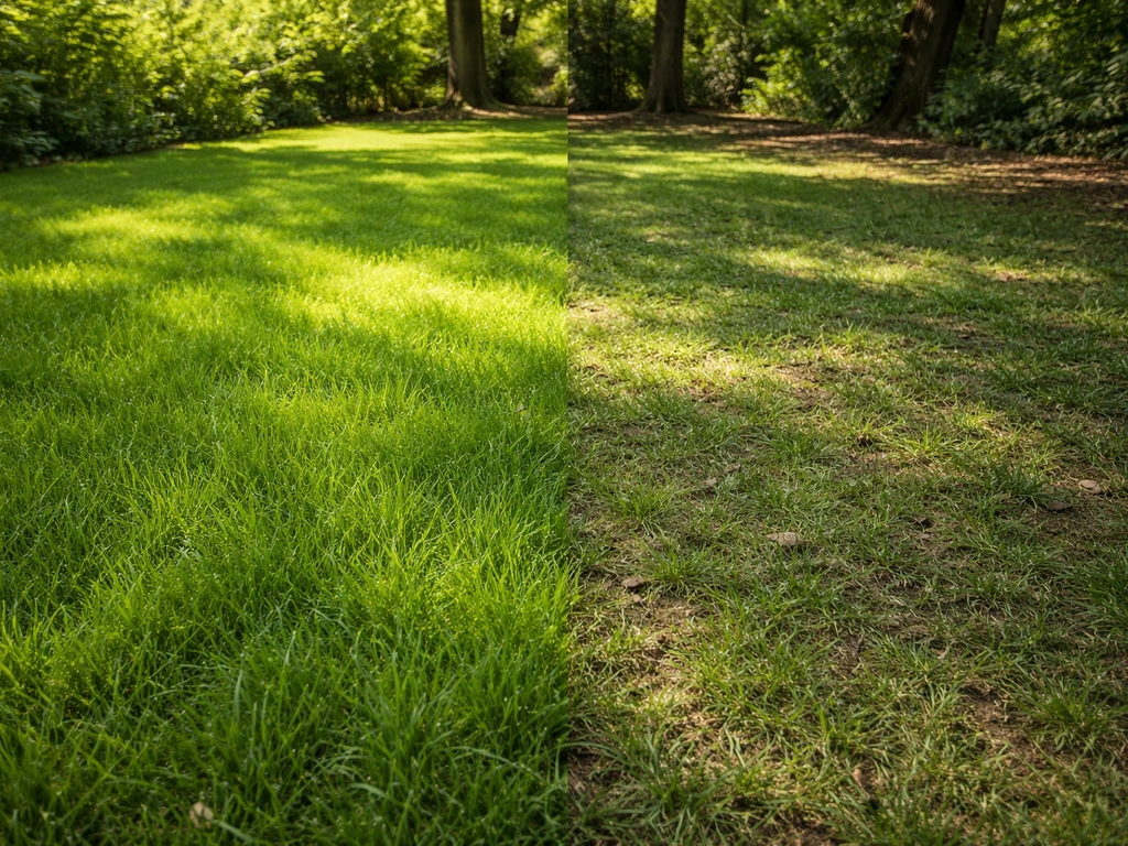 Pelouse divisée : herbe dense au plein soleil et pelouse plus clairsemée à l’ombre des arbres.