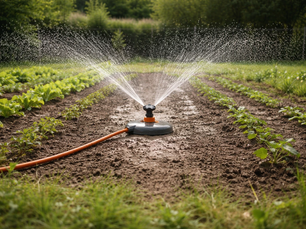 Arroseur en place sur une parcelle, sol humide en profondeur sans flaque, arrosage long et espacé.