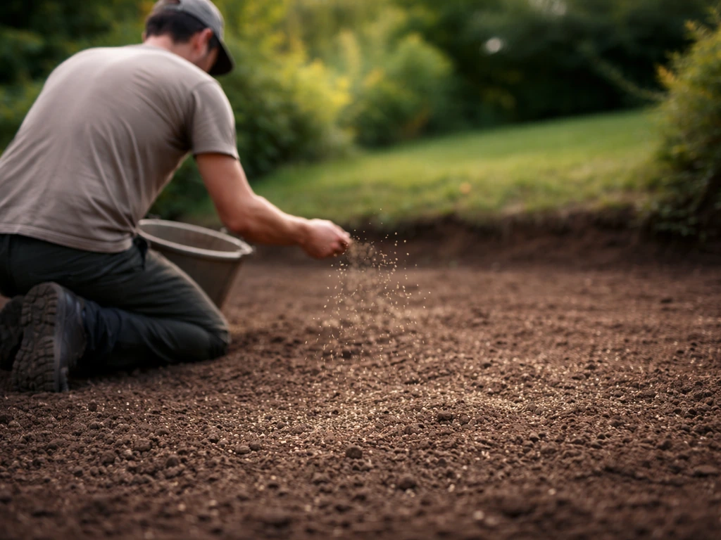 Graines de pelouse déposées au sol lors d’un semis, jardin simple avant la levée.