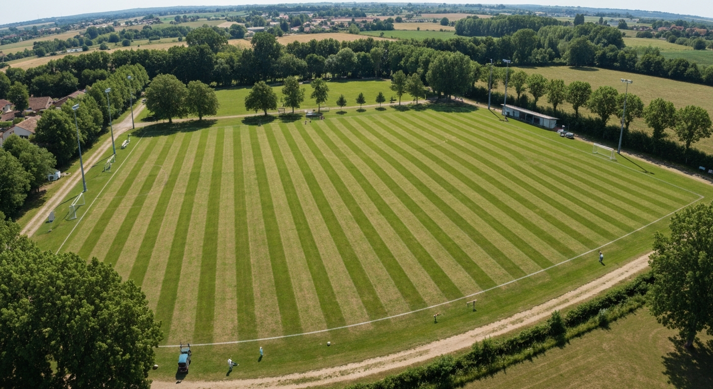 Vue aérienne d'un terrain de football rayé au lever du jour, tondeuse sur le côté