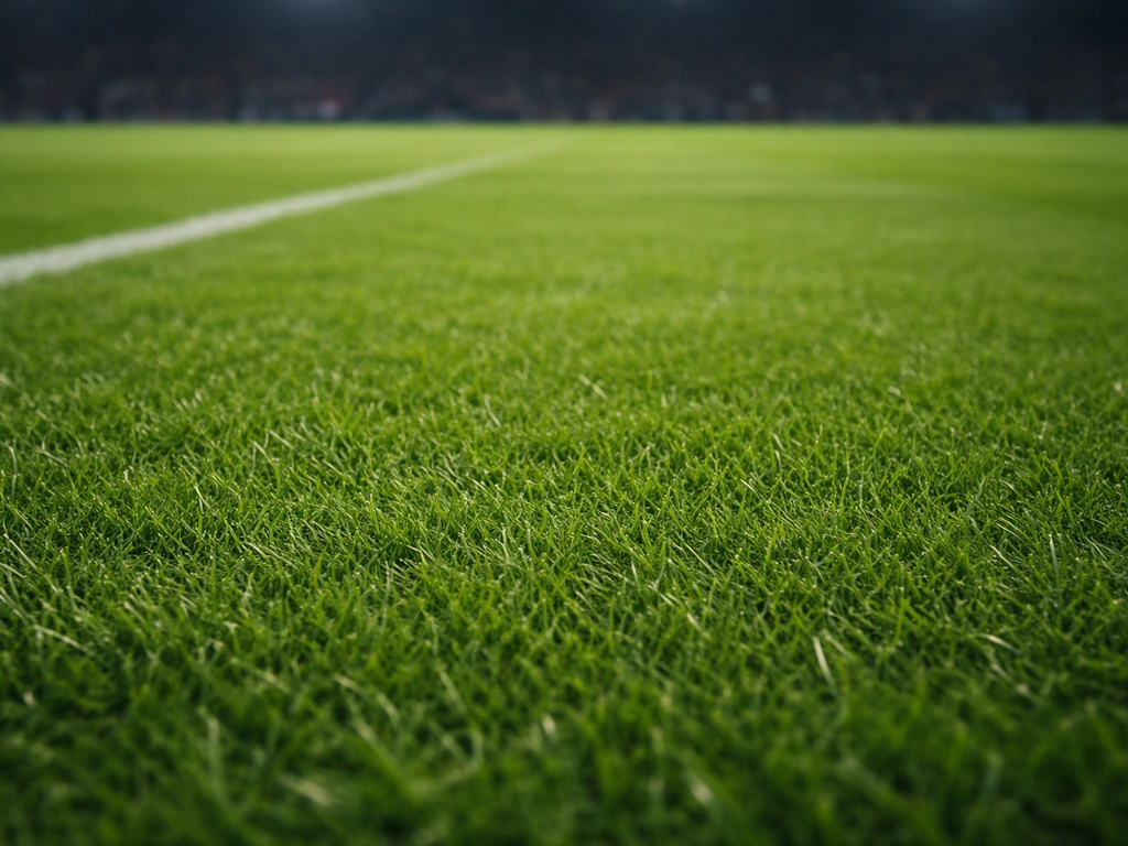 Vue au ras du gazon dense d’un stade de football, lignes nettes, vert naturel et texture détaillée.