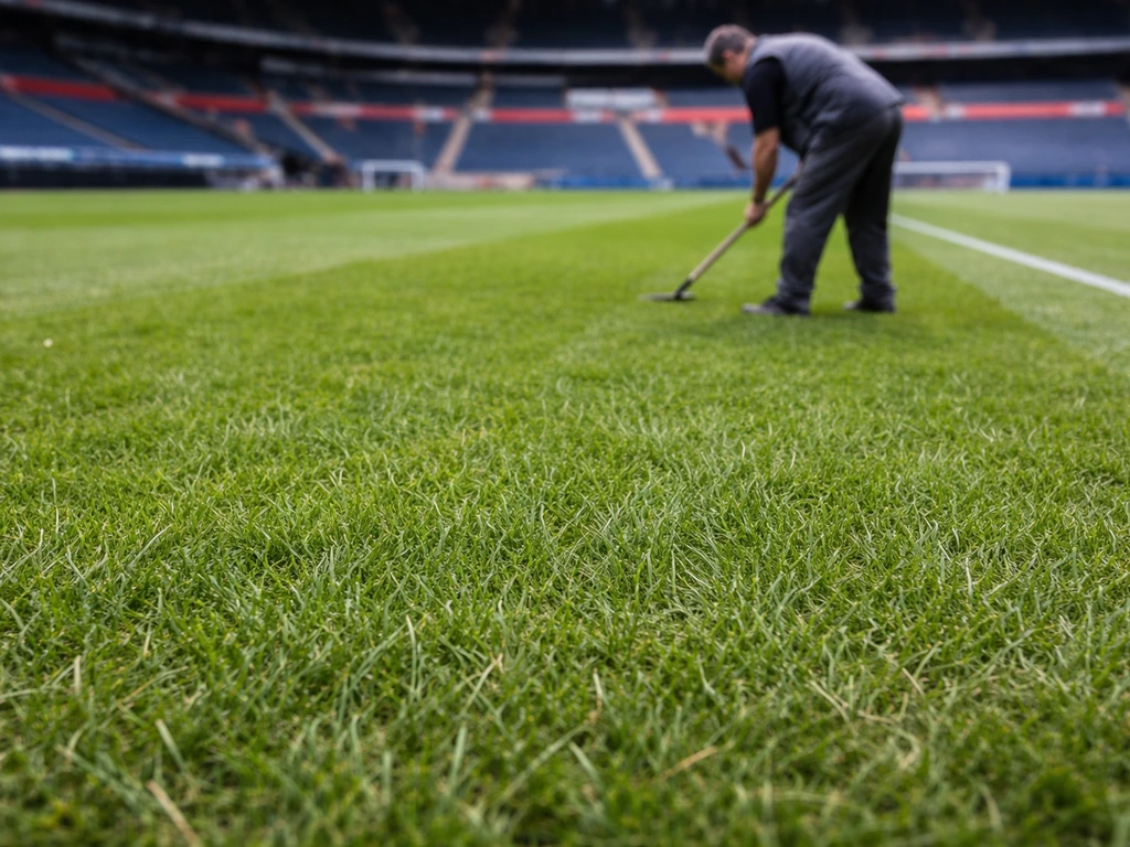 Gazon hybride vu de près au Parc des Princes, avec un homme de maintenance flou sur le bord du terrain.