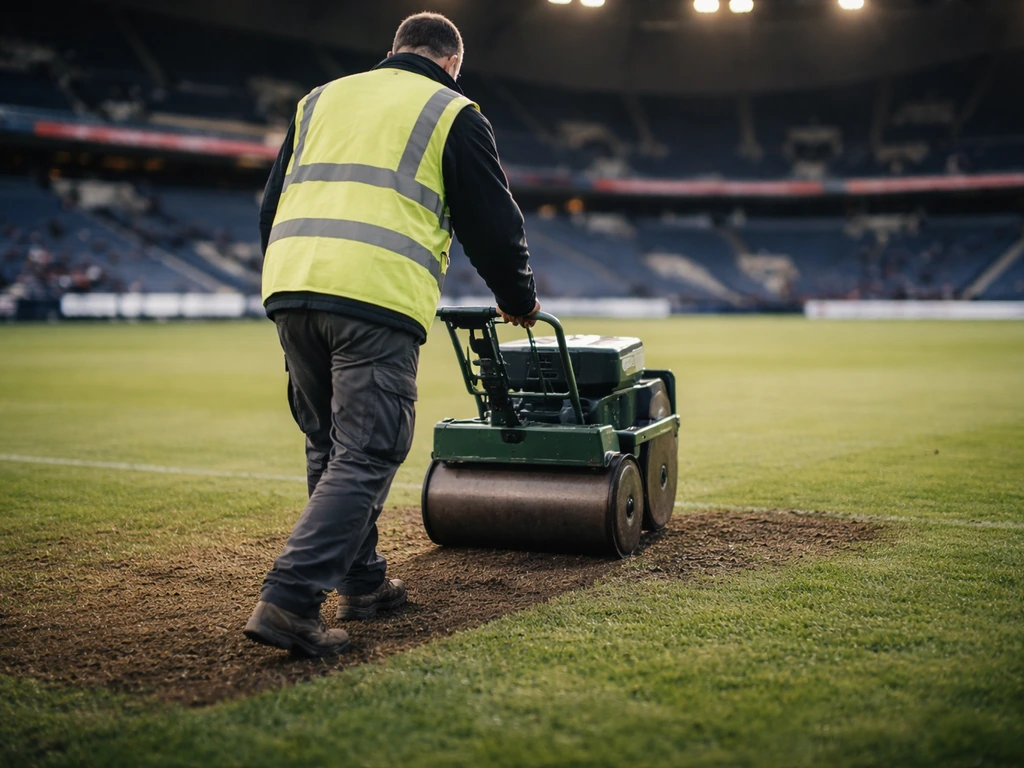 Technicien anonyme répare la pelouse au Parc des Princes avec une machine de roulage après un match.
