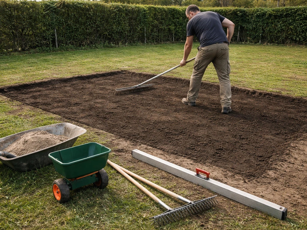 Sol décapé pour une pelouse durable avec outils visibles (pelle, épandeur, râteau) et terre sableuse nivelée.