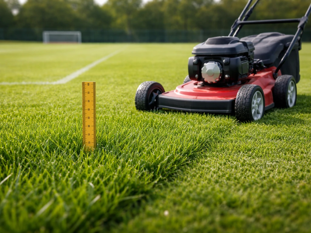Terrain de football avec règle plantée dans la pelouse et tondeuse à côté, montrant la hauteur du gazon.
