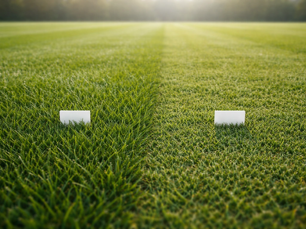 Terrain de football tondu à différentes hauteurs, brins d’herbe visibles, repères de hauteur visuels sans texte.