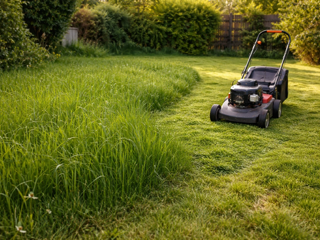 Jardin avec pelouse trop haute, tondeuse posée, puis traces de tonte après la première semaine.