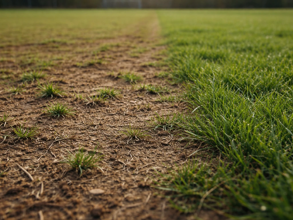 Terrain de foot : zone de gazon trop ras avec racines visibles, puis bande qui reverdit après gestion.