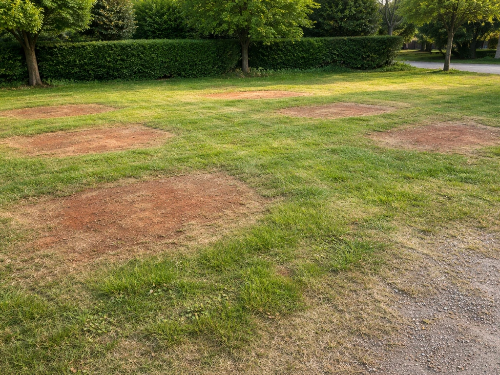 Parking engazonné avec des zones rougies visibles sur l’herbe, taches et passages au sol.