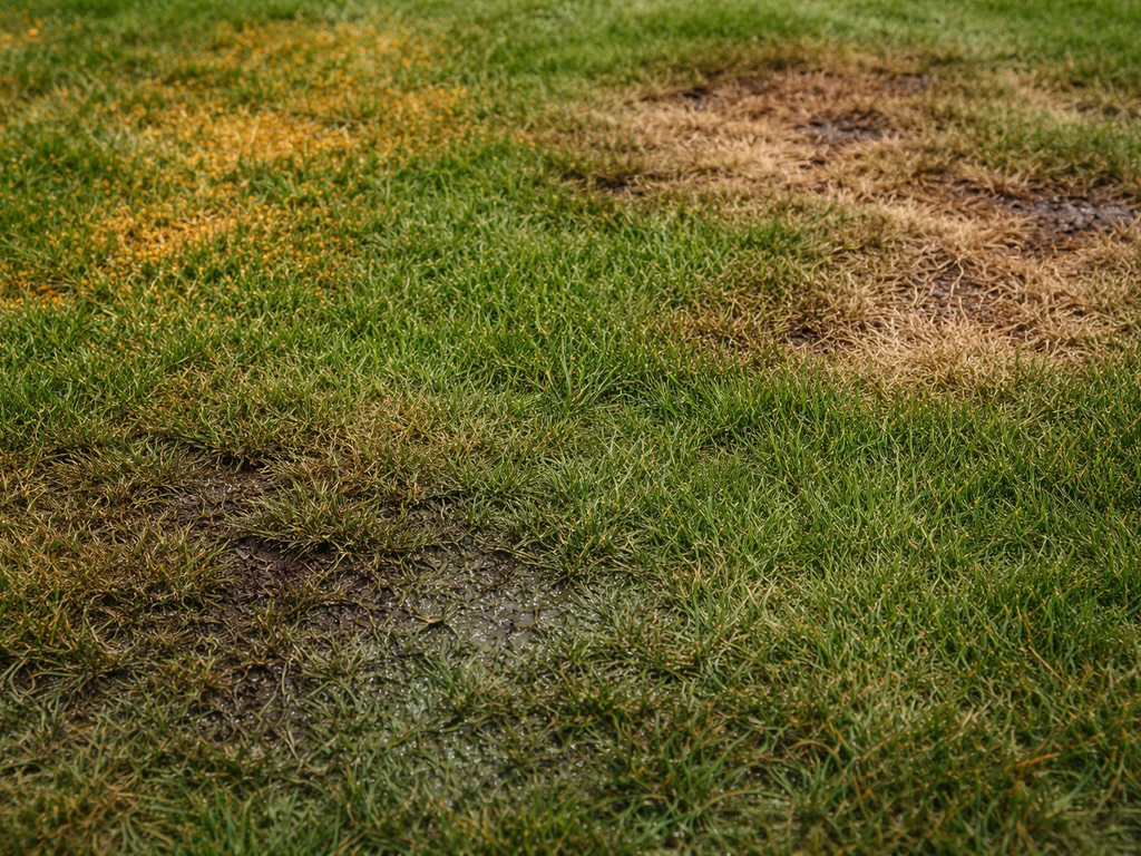 Gazon rougi à la base d’une pelouse, taches jaunâtres et zones brunies, texture réaliste de dommages différents.
