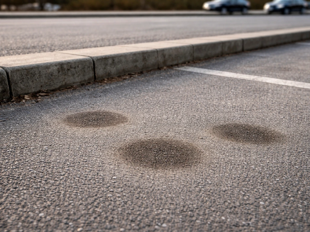 Taches rondes et régulières sur le bitume d’un parking, près de la circulation, aspect de brûlure.