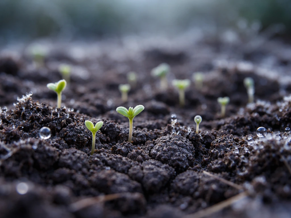 Gros plan de très jeunes plantules de gazon dans la terre, légèrement gelée, après un épisode de froid.