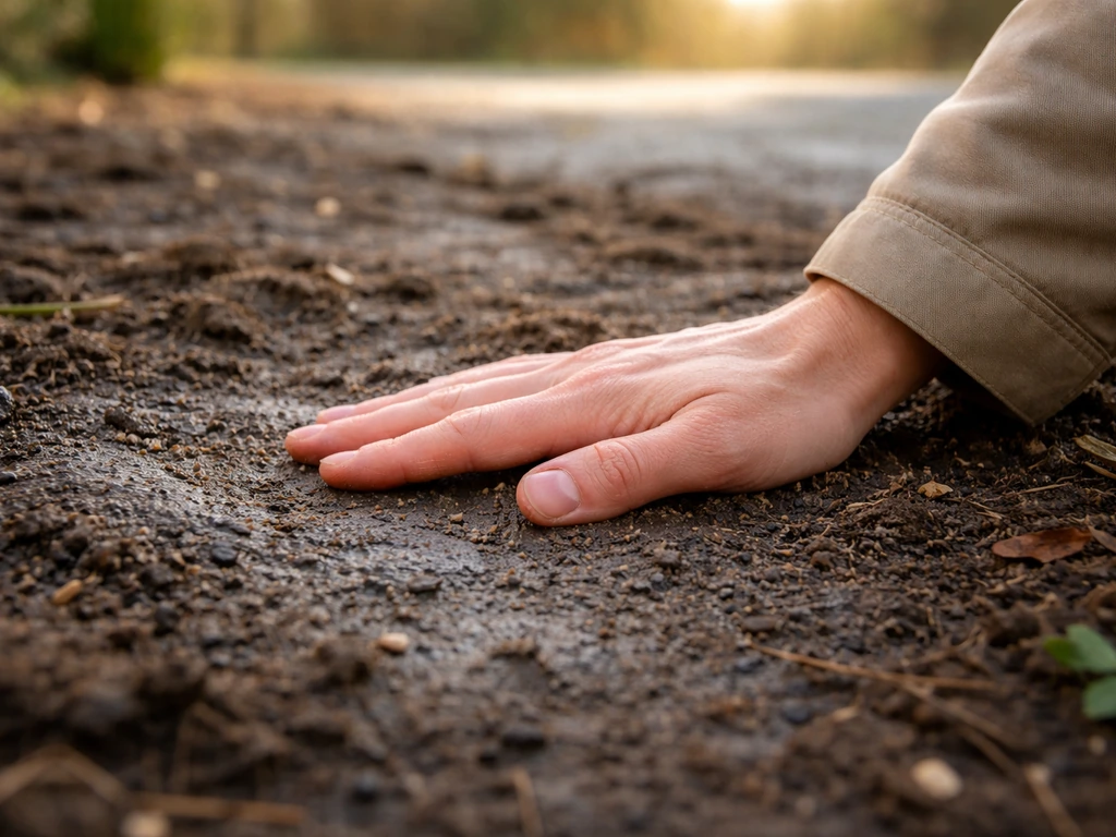 Main posée sur la terre fraîche après le gel, surface sombre et humide près de petites plaques de soleil