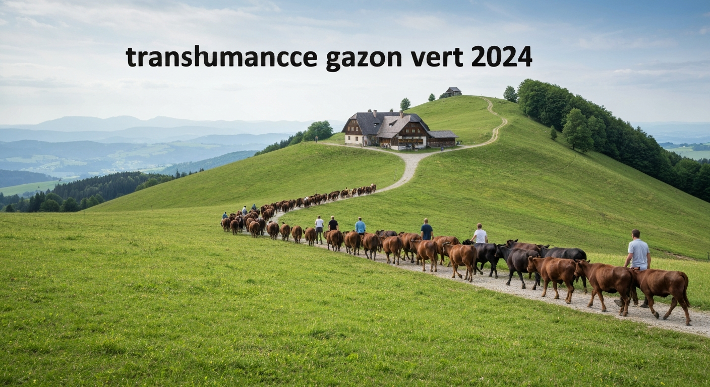 Panorama de la transhumance au Gazon Vert : troupeau et randonneurs montant vers l'auberge au petit matin dans les Vosges.