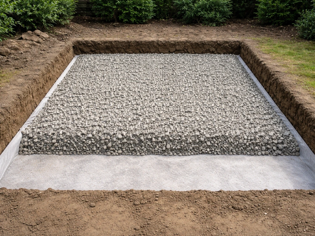 Fouille d’allée avec géotextile et granulats de drainage, fond nivelé prêt pour la pose.