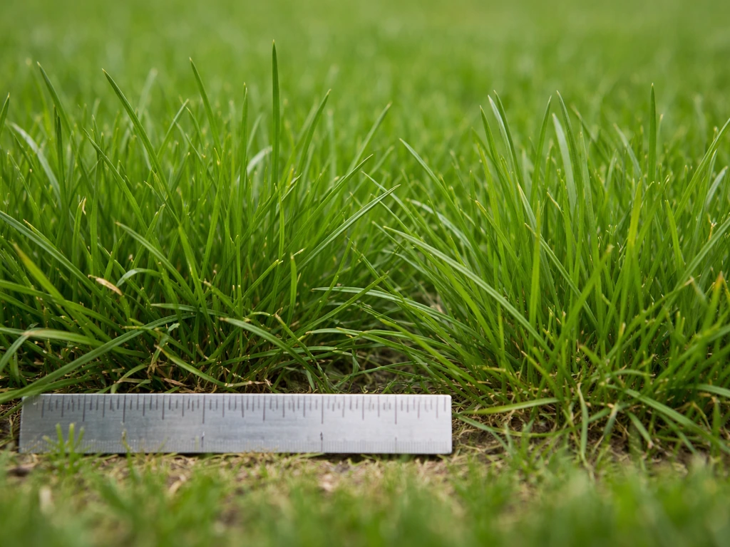 Gazon en gros plan : pâturin et ray-grass, texture des brins et hauteur repérée par une règle.