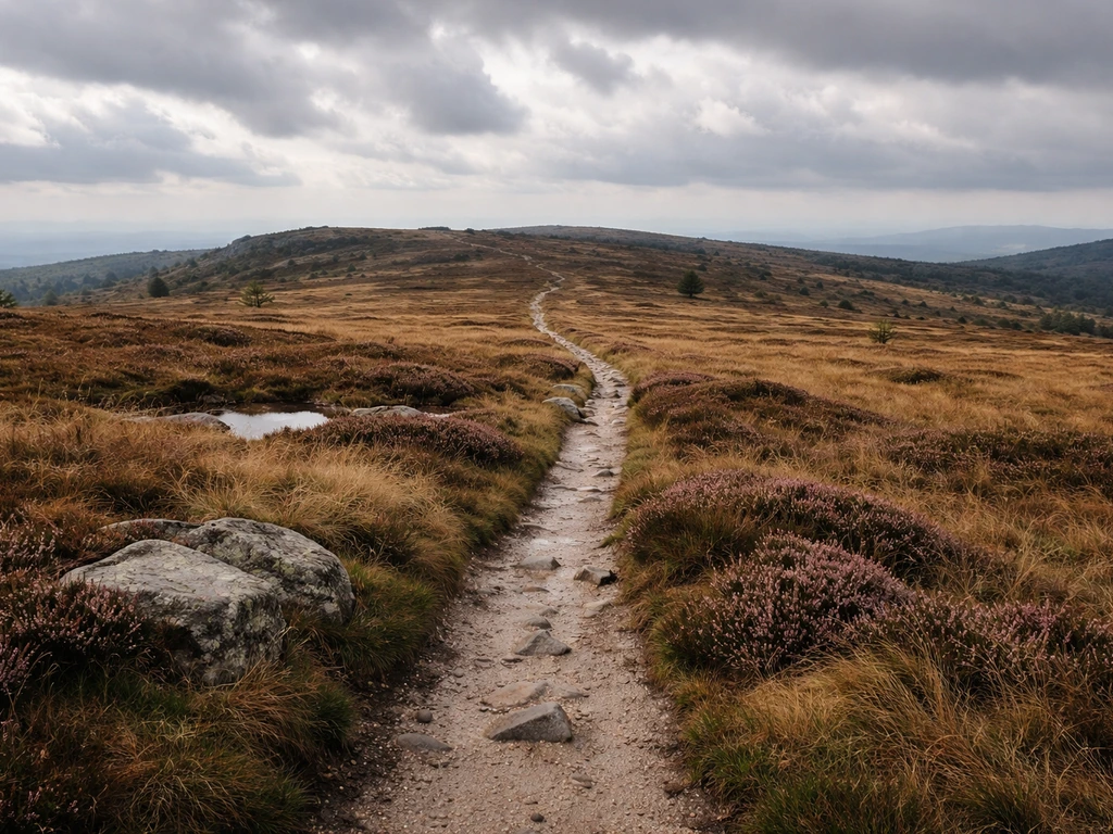 Paysage du Gazon du Faing dans les Vosges : hautes landes, bruyères et sentier vers l’horizon, sans personnes.