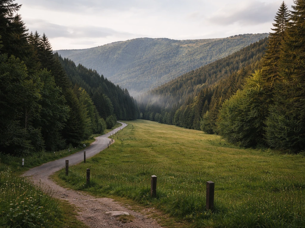 Vue panoramique du Gazon du Faing dans les Vosges, sentier forestier et route indiquant l’accès.
