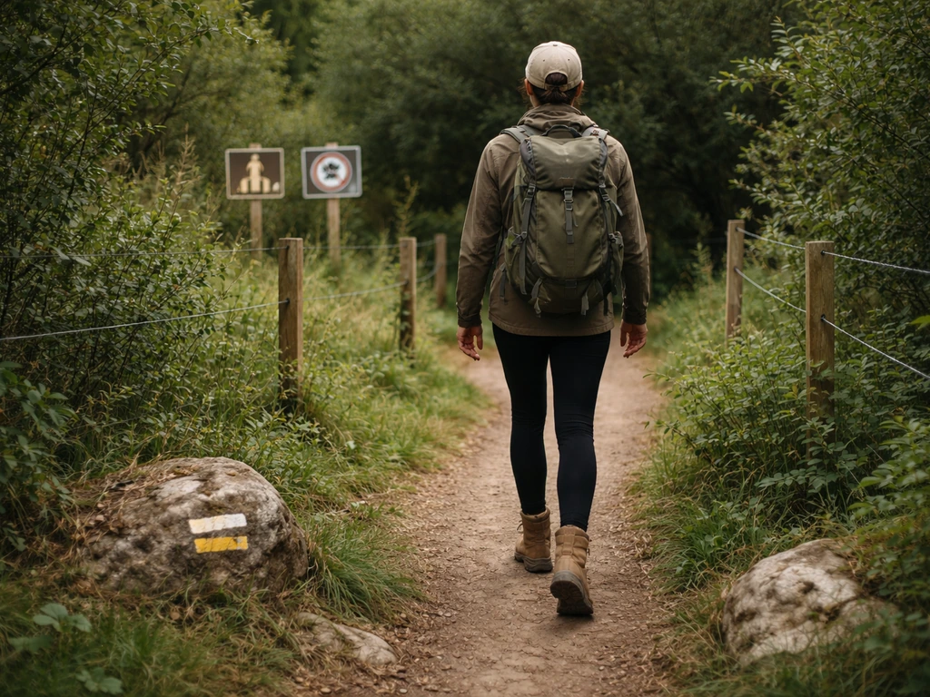 Randonneur anonyme sur un sentier balisé en pleine nature, panneaux discrets de protection en arrière-plan