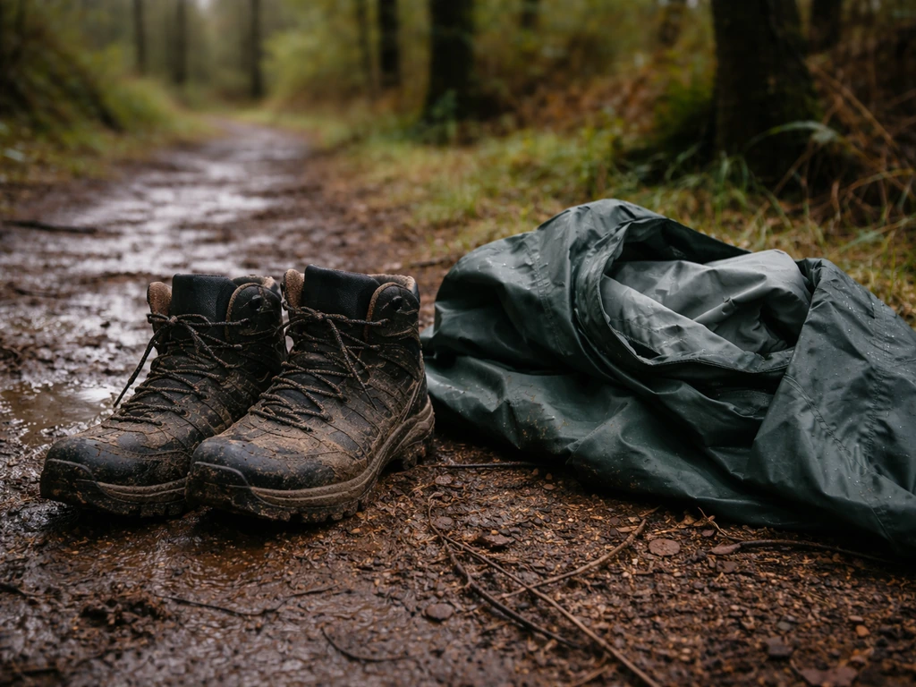 Chaussures de randonnée imperméables et équipement imperméable posé près d’un sentier boueux, prêt à partir.