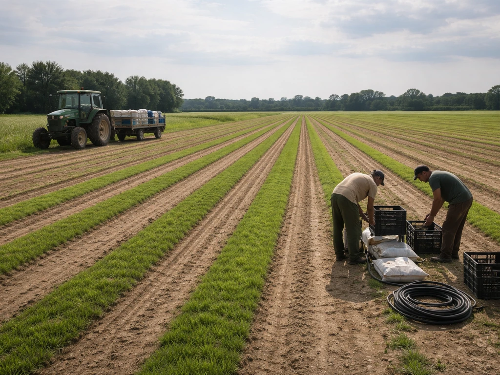 Champ agricole avec rangs de gazon en semis, machines et/ou ouvriers au travail avant la mise en rouleaux.