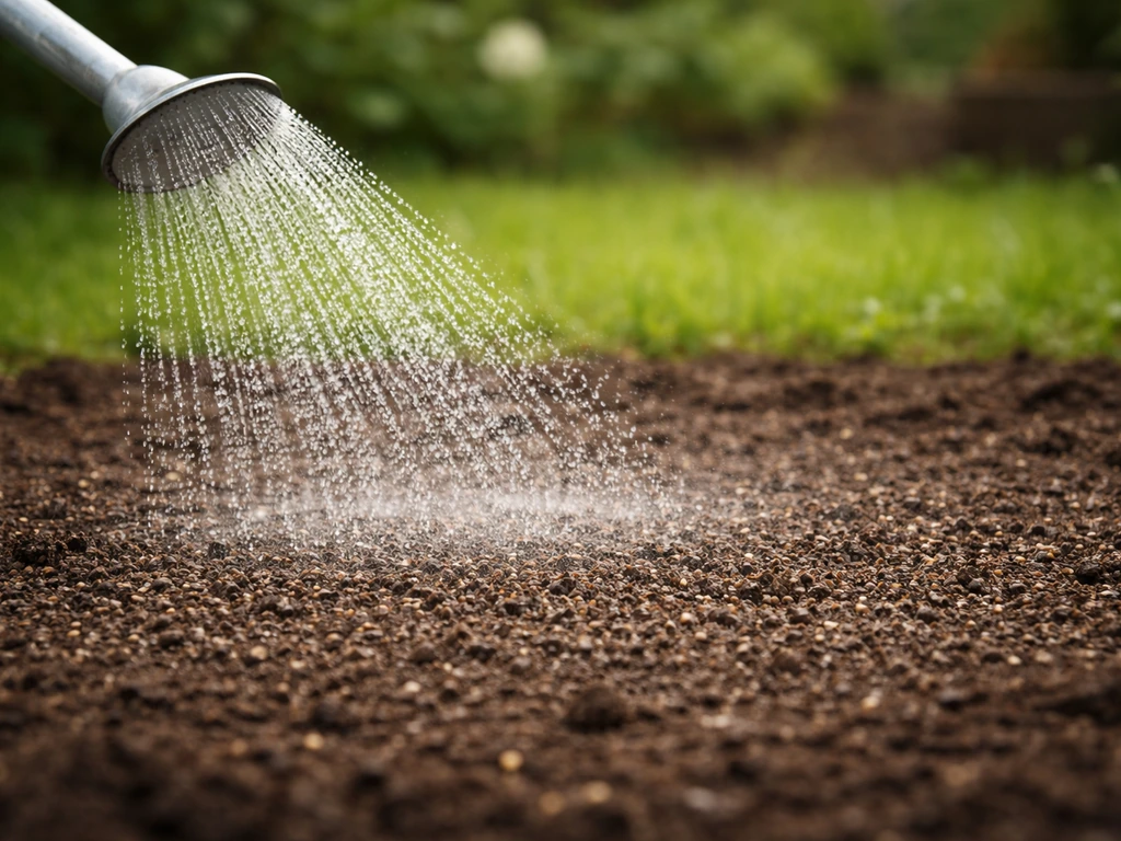 Pluie fine qui arrose une terre fraîchement semée, sans flaques ni graines déplacées.