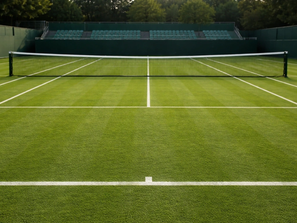 Court de tennis sur gazon en France, vue depuis l’arrière avec herbe dense et lignes nettes.