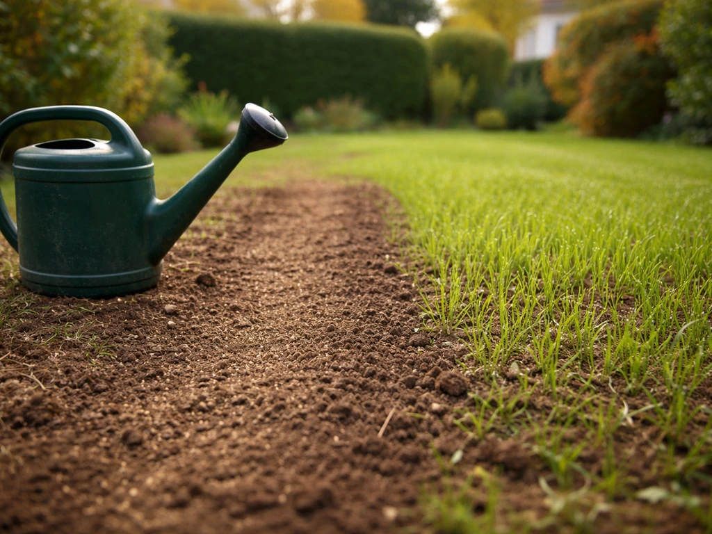 Arrosoir près de jeunes pousses d’herbe en jardin d’automne, sol préparé et pelouse en formation.