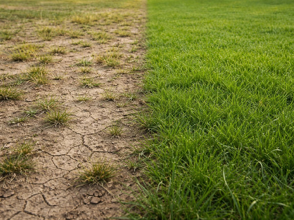 Pelouse au sol : zones clairsemées avec sol sec et croûte, près d’une zone bien levée verdoyante.