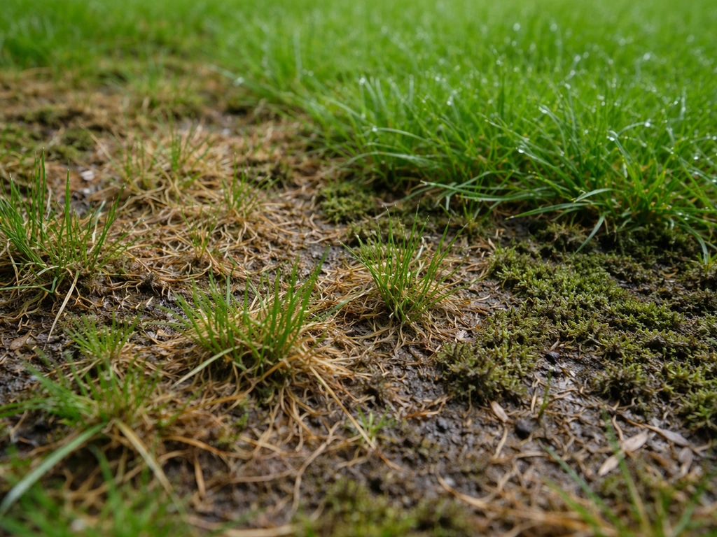 Gros plan sur du gazon après la pluie : mousse et feutrage entre les brins, une zone plus saine en contraste.