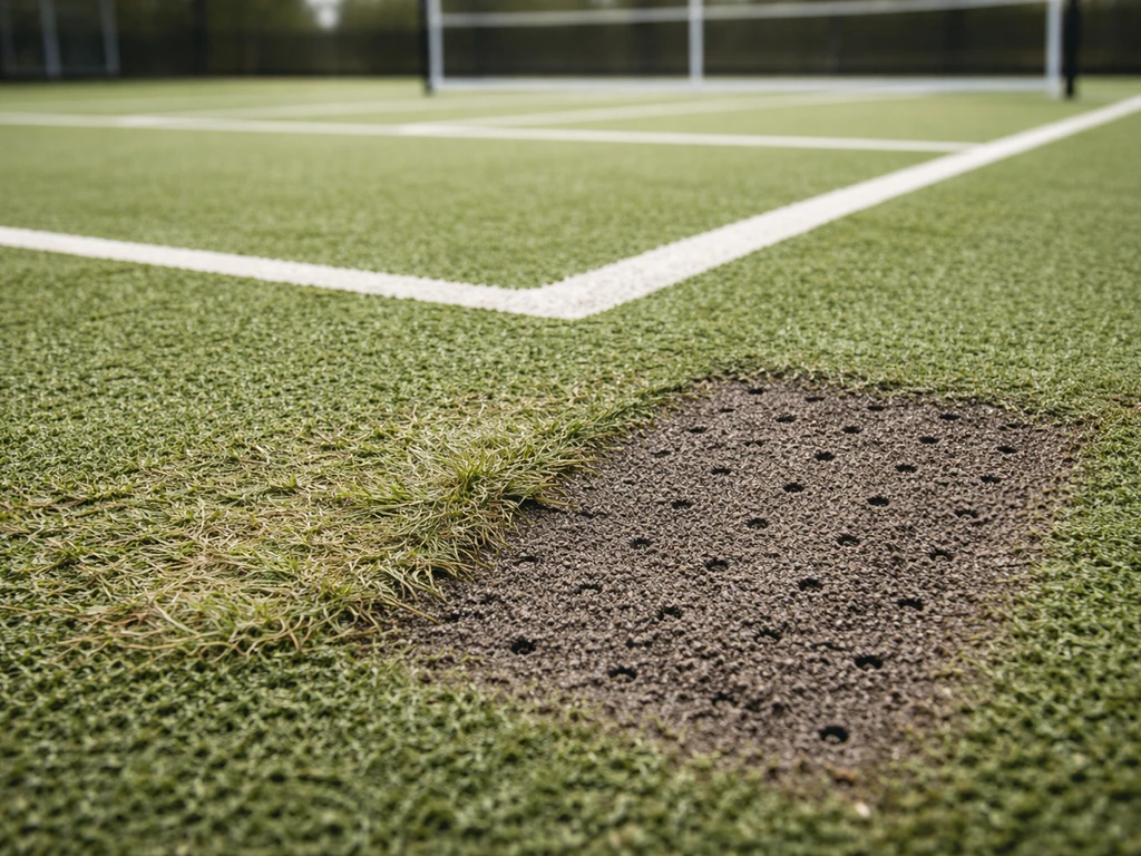 Court de pickleball : pelage du gazon près de la kitchen et réparation discrète au sol.