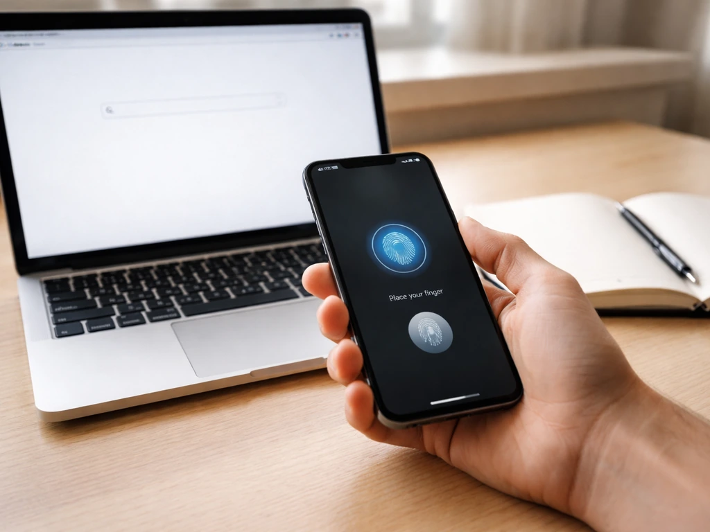 Main vérifiant une identité sur un téléphone et un ordinateur, bureau minimal, lumière naturelle.