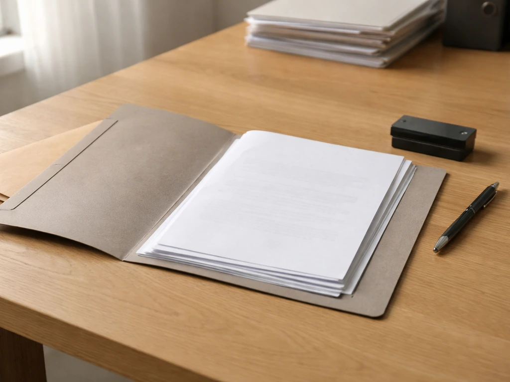 Dossier administratif ouvert sur une table avec documents et stylo, ambiance de recherche en préfecture.